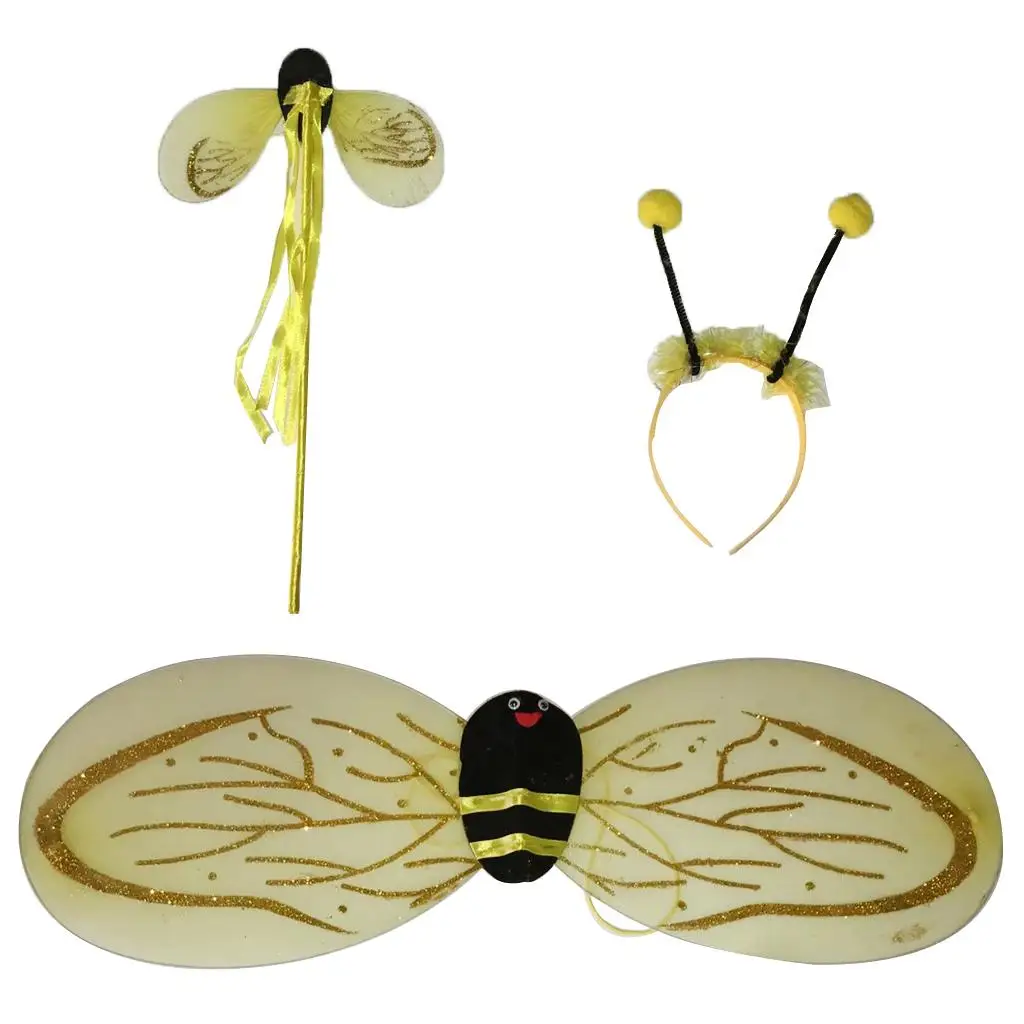 Bumble Bee Costume for Girls Kids, 3 Pieces Honeybee Fancy Dress Fairy Wing, Antennae Set