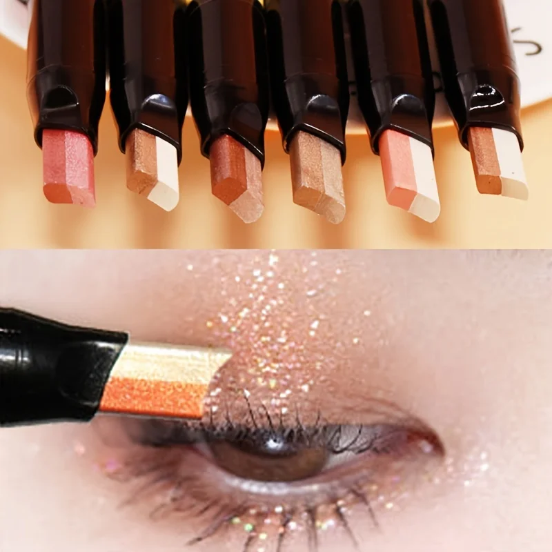 Gradient Two Tone Eyeshadow Stick, Eye Brightening Pearly & Glitter Earth Color Tone, Smudge Proof Lazy Eyeshadow Stick