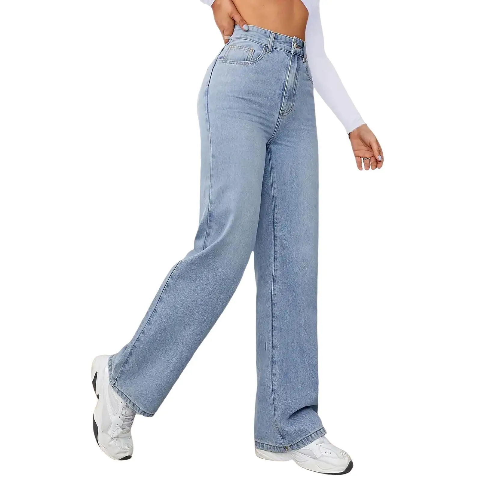 Hoge taille, rechte pijpen, hoge elastische damesjeans, casual Sle, geen strijken, katoenmix, blauwe kleur damesjeans