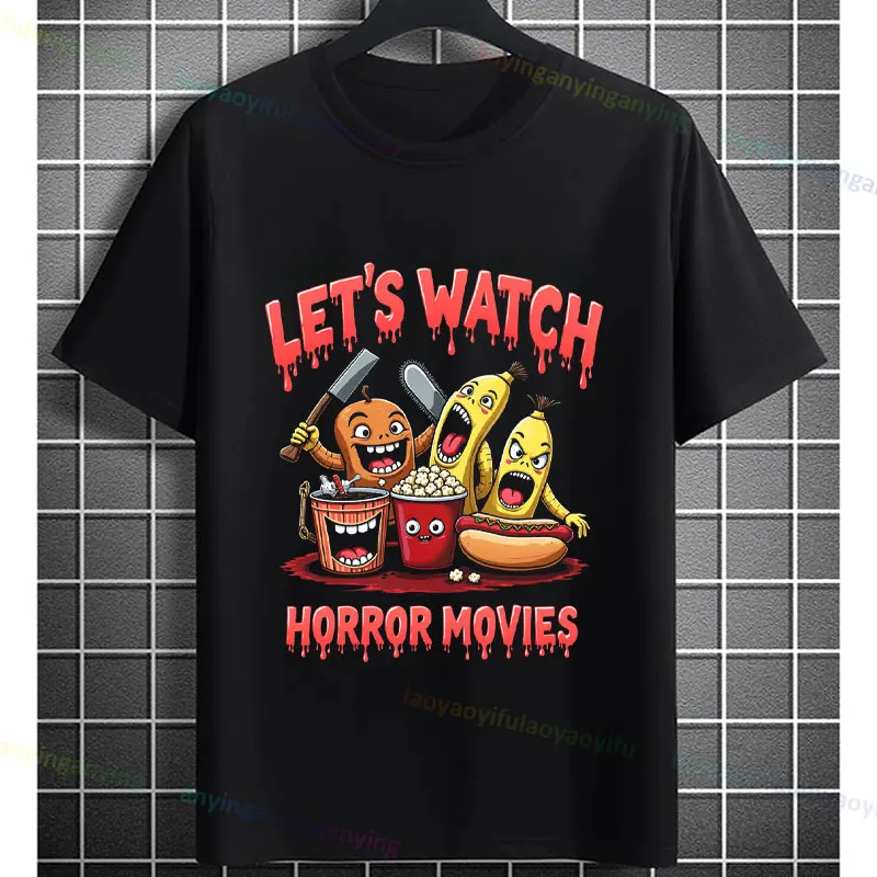 

Забавная футболка с рисунком из фильма ужасов и закусок «Давайте дивитися фильмы ужасов» с надписью с коротким рукавом, 100% хлопок, повседневная уличная футболка