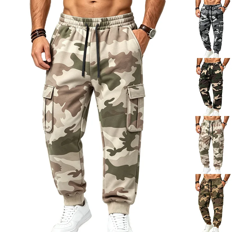 Herren Einteilige Herbst/Winter Fleece-Gefütterte Tarnfarben-Arbeitshose mit Kordelzug, Mehrfachtaschen Lässige Weite Sport-Hose – Detail 1