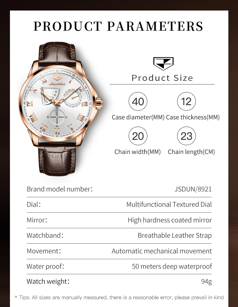 JSDUN 8921 Roman Scale Mechanical Watch For Men Auto Date Business Hand Clock 50M Waterproof Luminous Top Brand Man Dress Watch