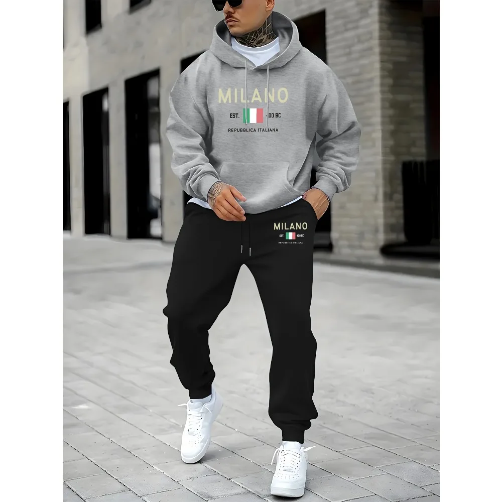 Men'S Hooded Sweatshirt and Sweatpants Set, Sports Tracksuit Pattern, Winter Jogging Suit with Pockets Fitness Workout Clothing