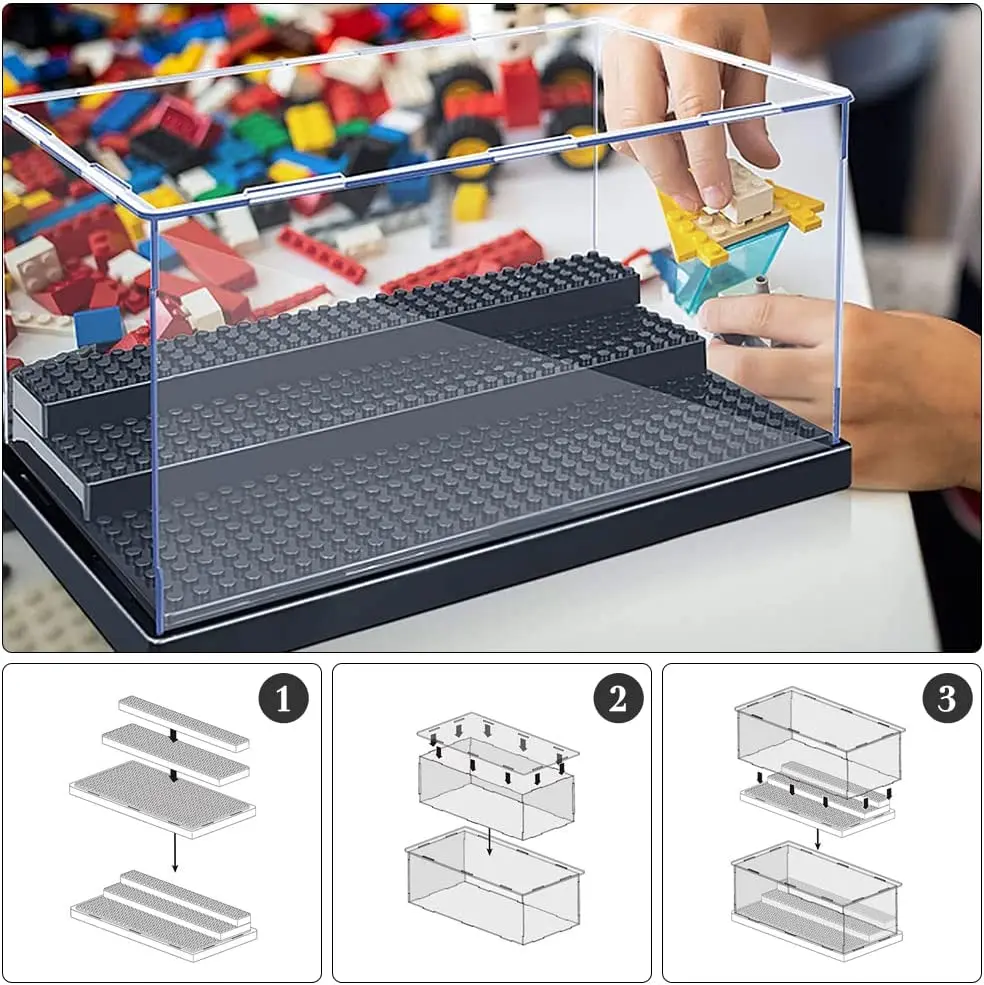 Gablota na mini figurki LEGO Bloki na figurki akcji, przezroczyste, pyłoszczelne akrylowe pudełko do przechowywania z 3 ruchomymi stopniami