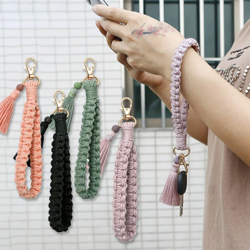 Fashion Cotton Rope Tassel Key Chain Bohemian Style Hand Woven Macrame Wrist Strap Key Ring Bag Car Pendant Charms Accessories