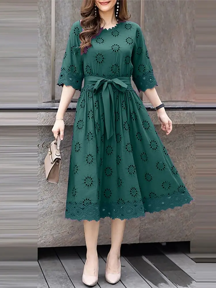 فستان كروشيه أنيق للخريف من ZANZEA لعام 2025 فساتين نسائية أنيقة مطرزة 3/4 كم فستان صيفي للعمل مرقع رداء ميدي #5