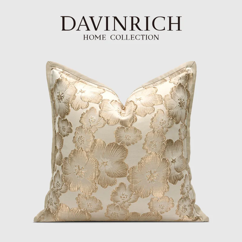 

DAVINRICH Embossed Floral Decorative Cushion Cover European Style Relief Sculpture Champagne Throw Pillow Case Luxury Home Decor