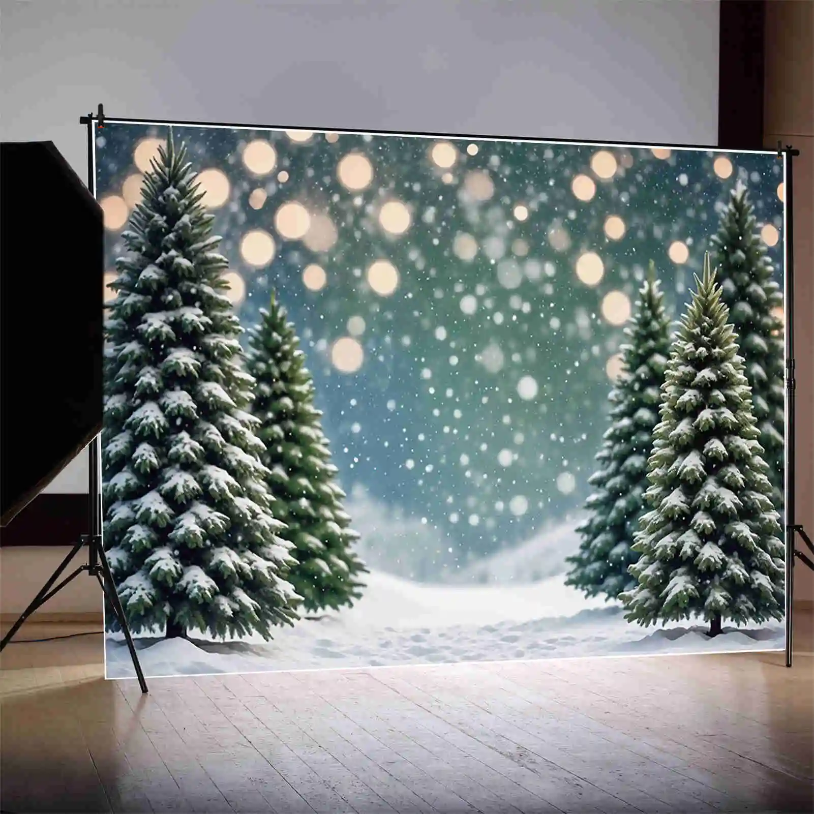 MOON.QG Christmas Forest Tree Backdrops Winter Snow Field Bokeh Outdoor Background Custom Party Decoration Photo Zone Supplies