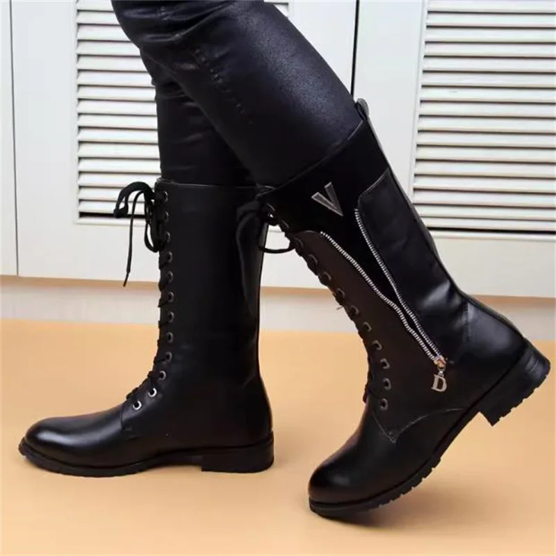 Mens Training Over Knee High Boots light Leather Long Waterproof Snowboots Equestrian Motocycle Patent leather punk cowboy boots