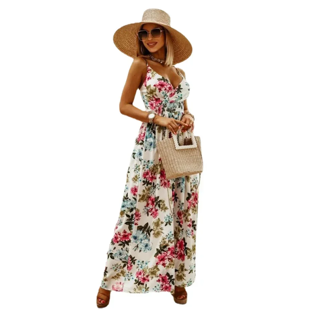 2025 New Summer Ladies Beach Casual Backless Long Dress Women's Robe Suspenders Sexy Thin Straps Floral Boho Long Dress Women