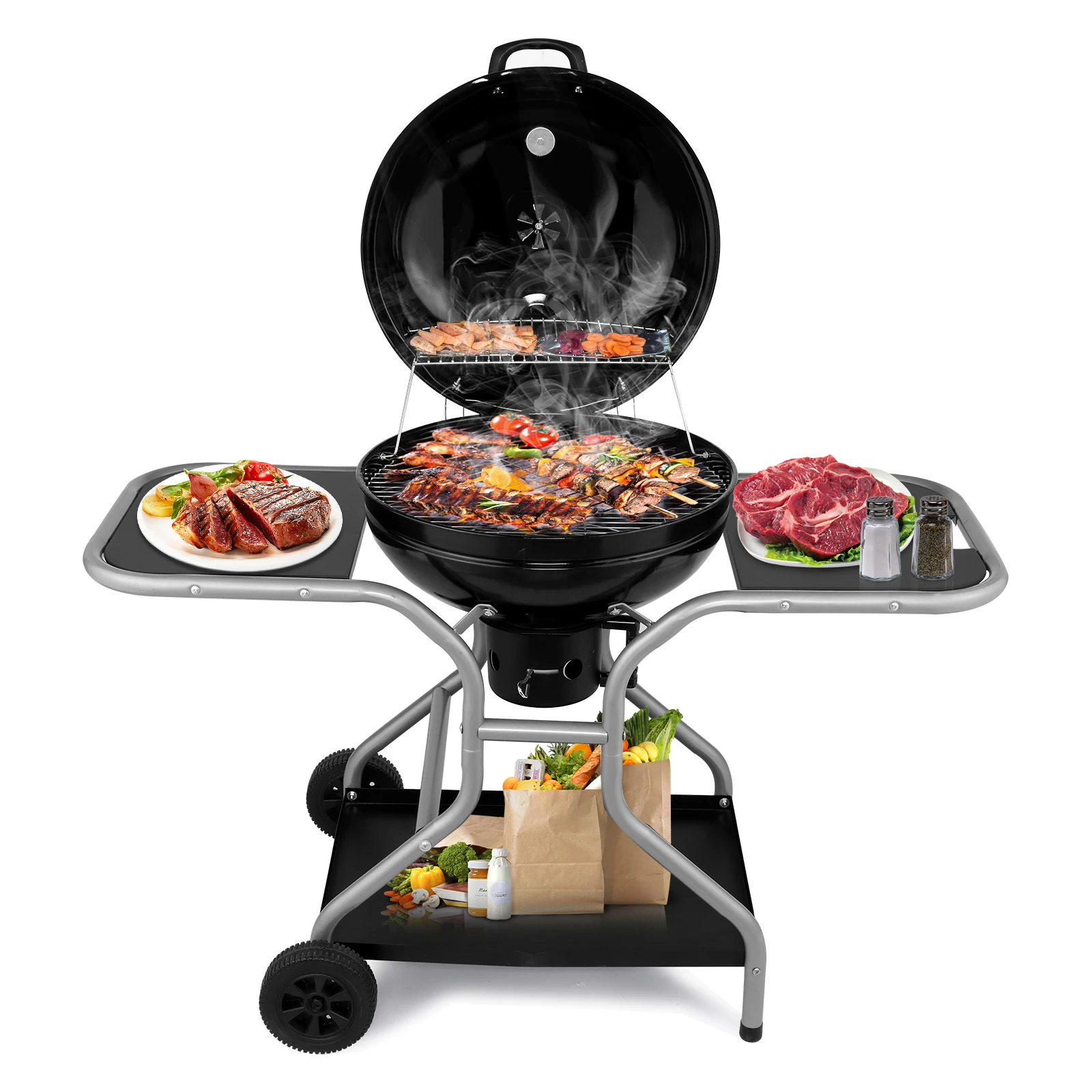 

Kettle Charcoal Grill with 2 Side Tables, Storage Shelf, Upgraded Ash Catcher, Thermometer, Air Vents, Outdoor Cooking Barbecue