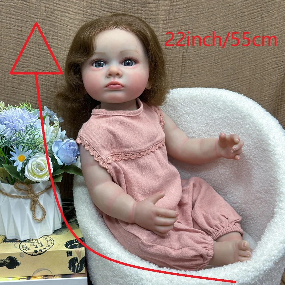 

22-дюймовая виниловая кукла принцессы реборн | Игрушка для маленьких девочек, каштановые волосы, голубые глаза, реалистичные функции кожи и лица, коллекционная,