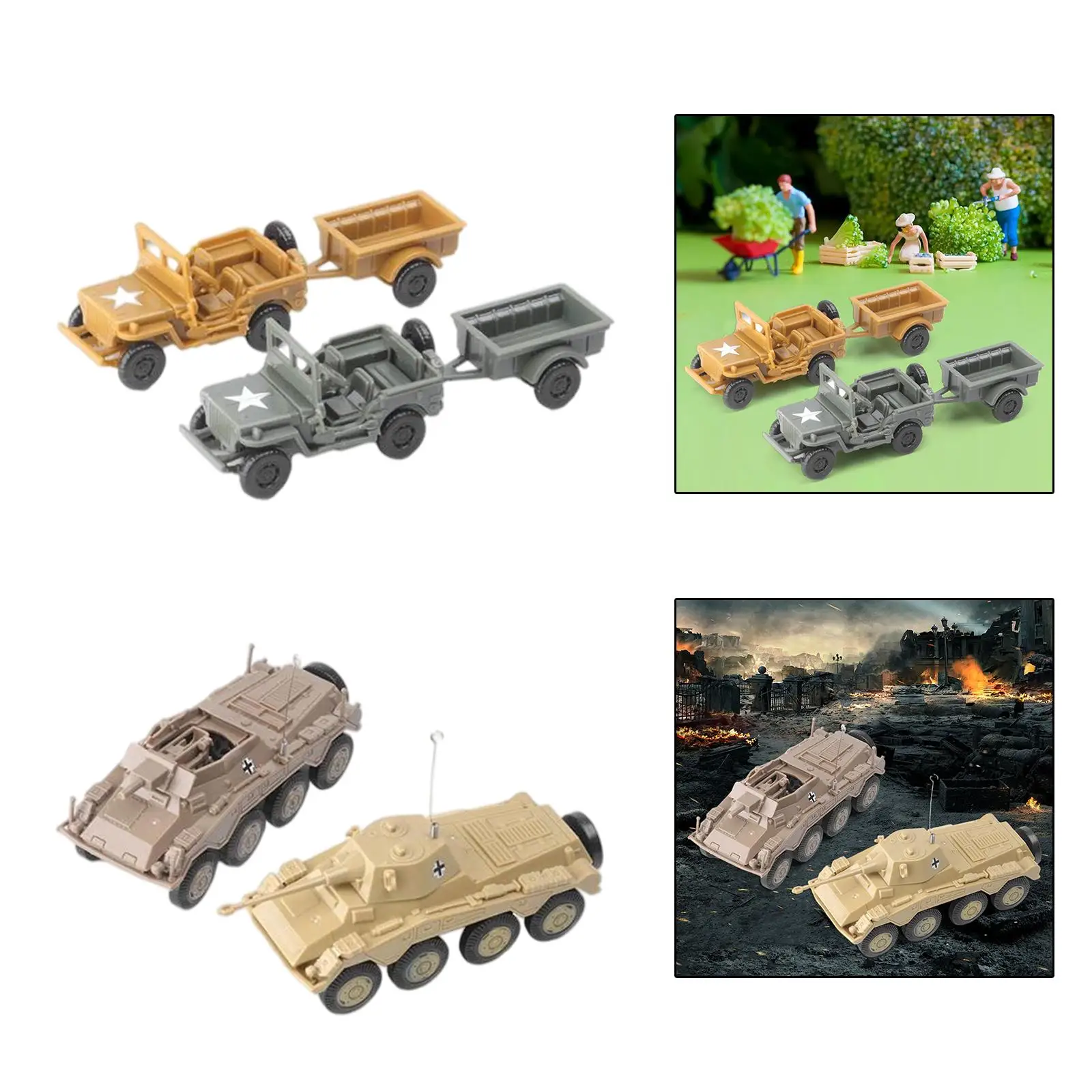 4x Armoured Tank Trailer /72 Scale Model Kit Toy Playset Desk Decor