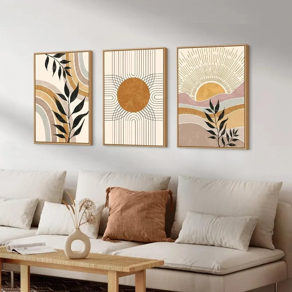 Framed Canvas Wall Art Prints, Set of 3 Mid Century Modern Wall Decor, Nature Plants Desert Sun Art Paintings