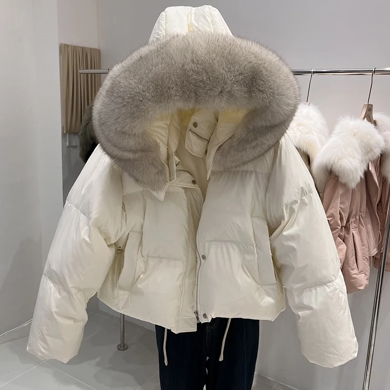 2023 Women Winter Fashion White Duck Down Jackets Female Real Big Fur Collar Hooded Coats Ladies Short Loose Overcoats