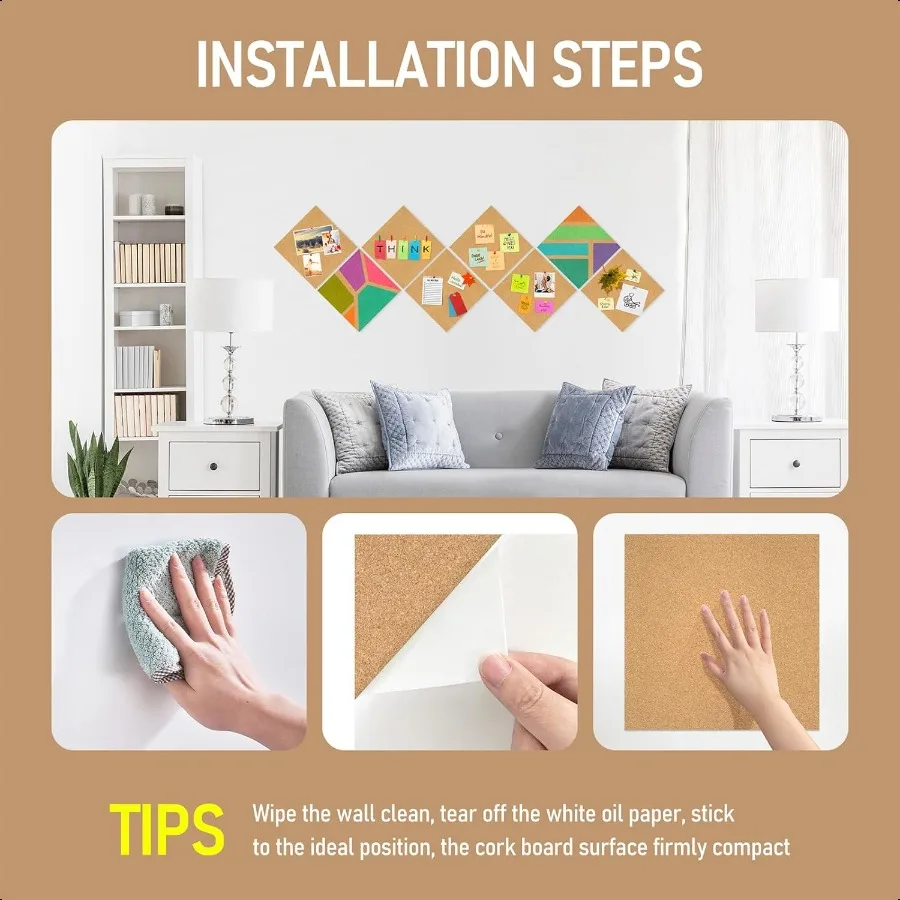 بلاط لوح الفلين 4 عبوات من ألواح الفلين اللاصقة للجدار، مربعات لوحة الفلين الصغيرة المزخرفة للمكتب والمدرسة والمنزل #6