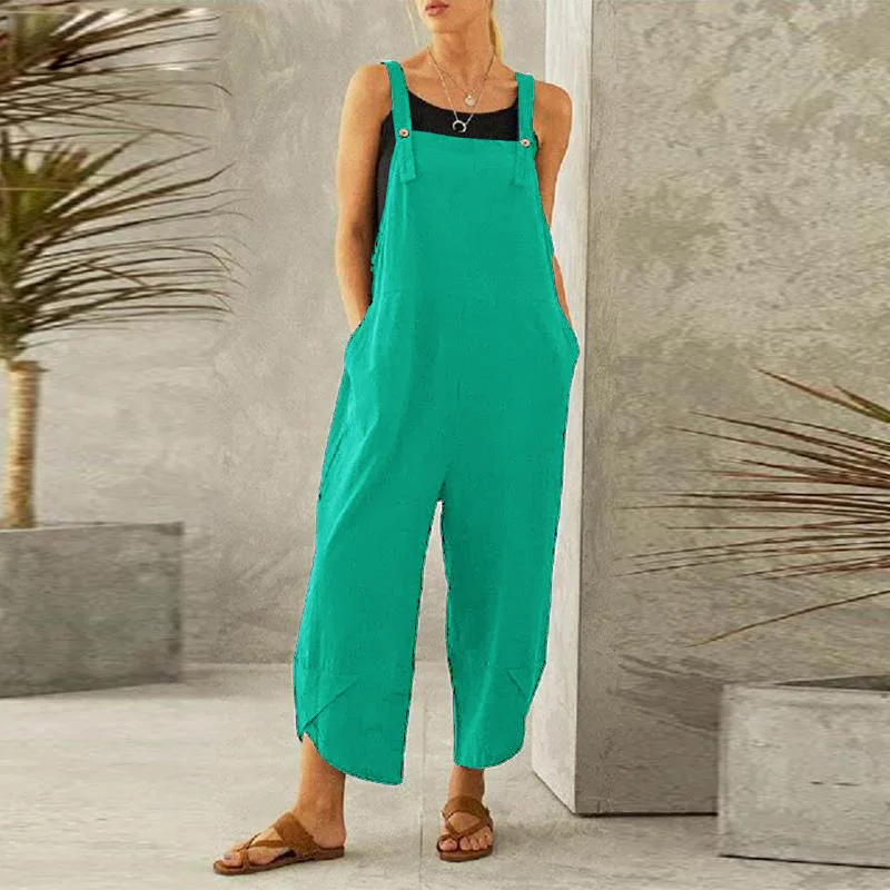 

Women Large Cotton Linen Strap Loose Jumpsuit Summer Casual Wide Leg Ankle Length Fashion Jumpsuit Solid Color Pockets Romper