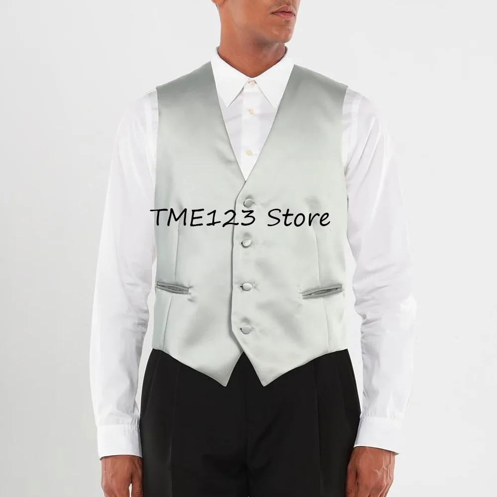 

Жилеты для мужчин, повседневный жилет с разрезами и карманами, v-образный вырез, мужской жилет с четырьмя пуговицами, модный костюм, гладкая атласная ткань, лучшие костюмы, блейзер