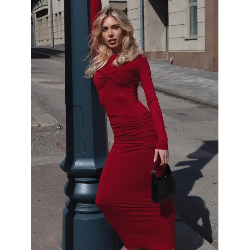 

2025 new fashion Sexy Slim fit round neck long-sleeve dress shirred bodycon solid color long dress C001