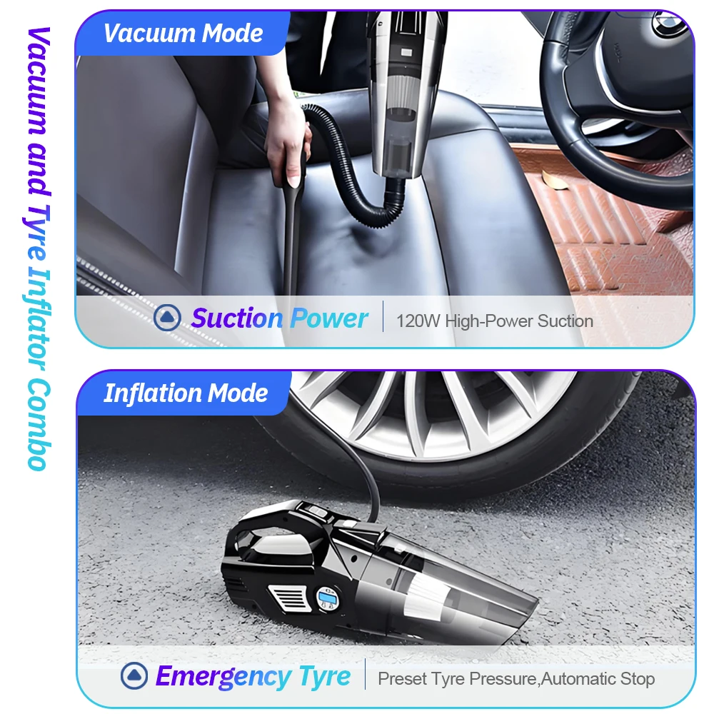 4-in-1 Cordless Vacuum Cleaner for Car And Home Use Handheld High Suction Digital Tire Pressure Gauge Car Cleaning Tool