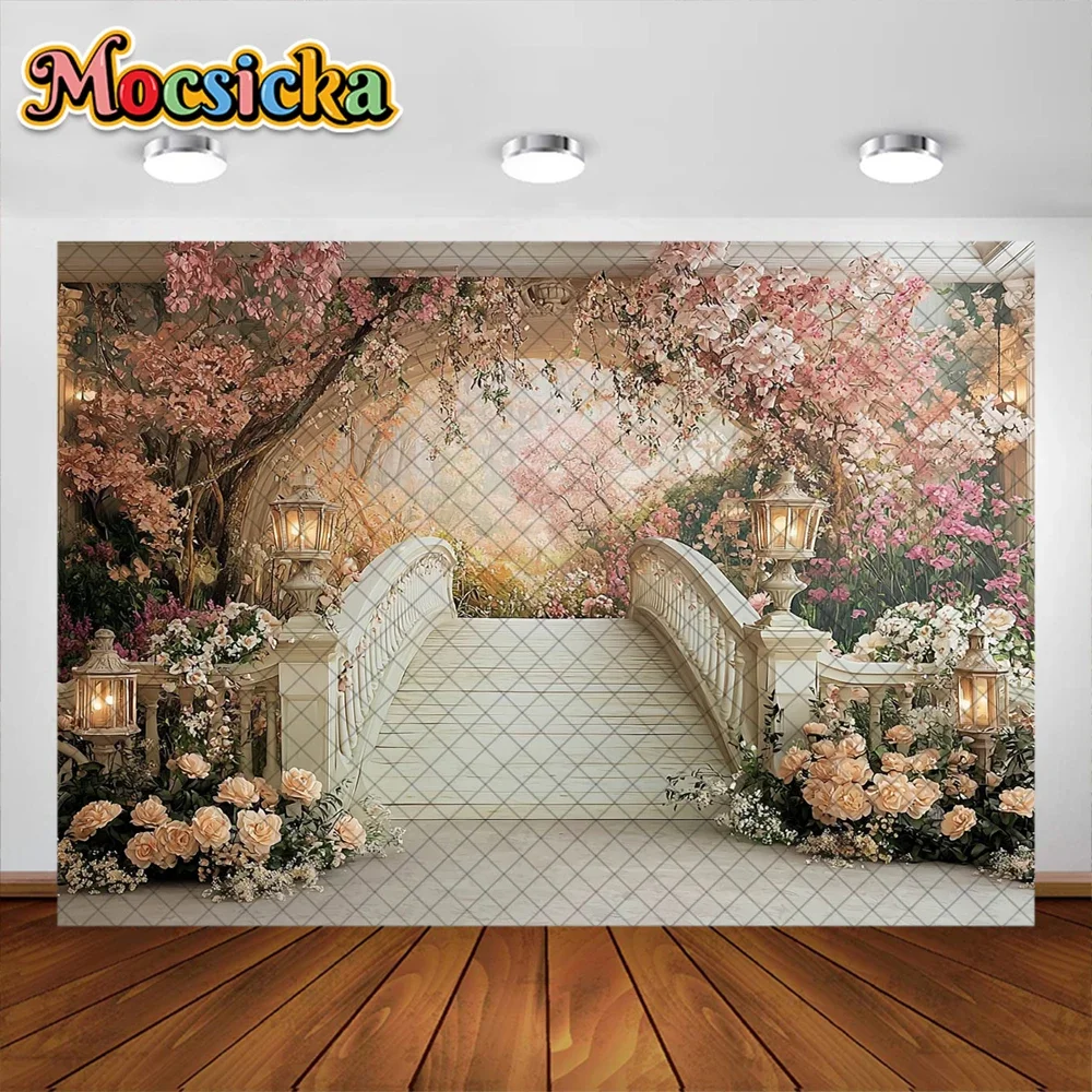 Mocsicka ฉากหลังถ่ายภาพคู่ดอกไม้สีชมพูตกแต่งสะพานดอกไม้สำหรับผู้ใหญ่เด็กภาพบุคคลฉากหลังสตูดิโอ