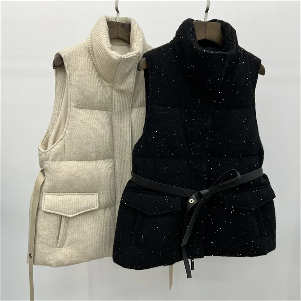 Winter Down Sleeveless Vest Stand Collar Zipper Warm Goose Down Waistcoat Vest Coat With lambskin Belt