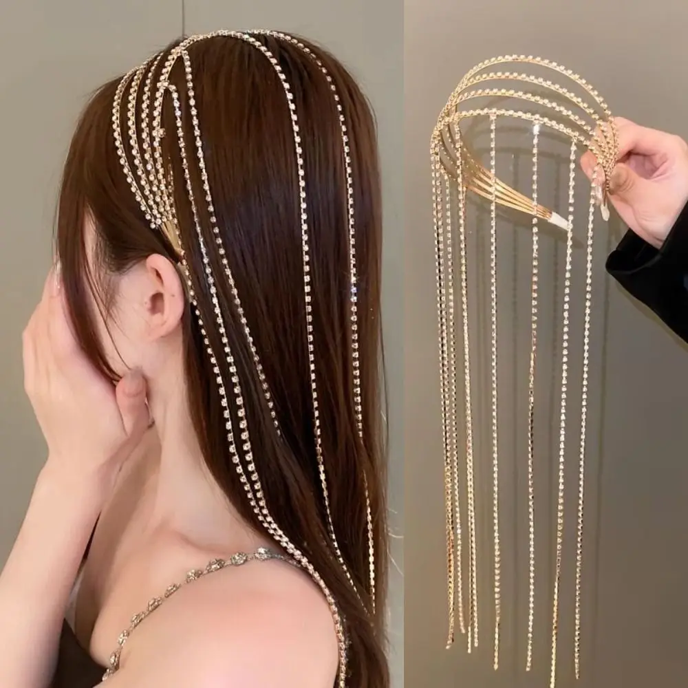 مبالغ فيها تصميم أحجار الراين شرابة عقال انعكاس سلسلة الشعر الكريستال الفاخرة كامل حجر الراين خوذة