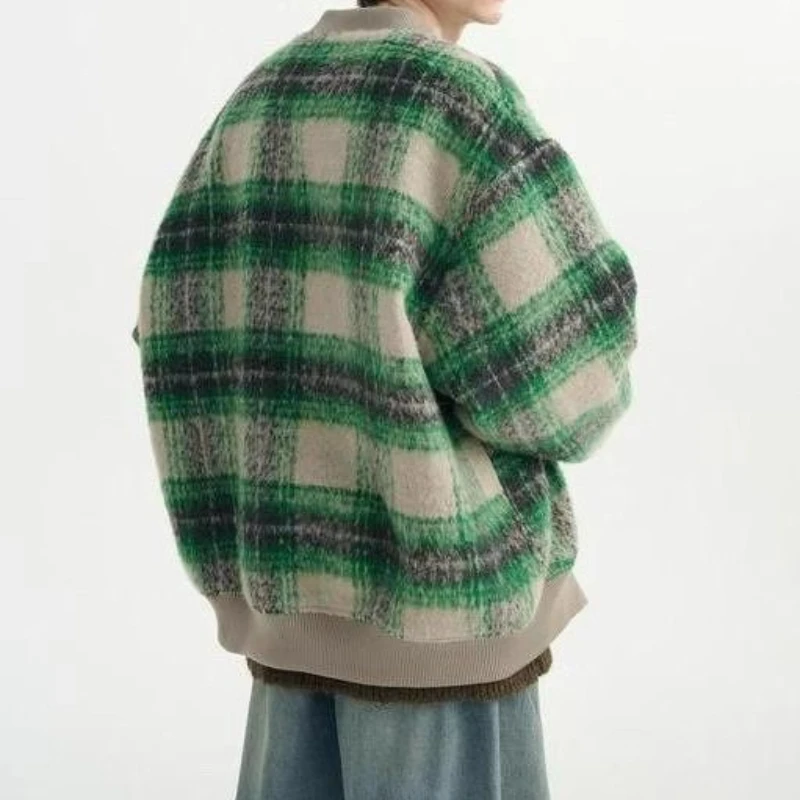 

Juspinice American Contrast Baseball Uniform Men Spring and Autumn Plaid Fleece Jacket O-neck Long Sleeve Loose Basic Couple Top