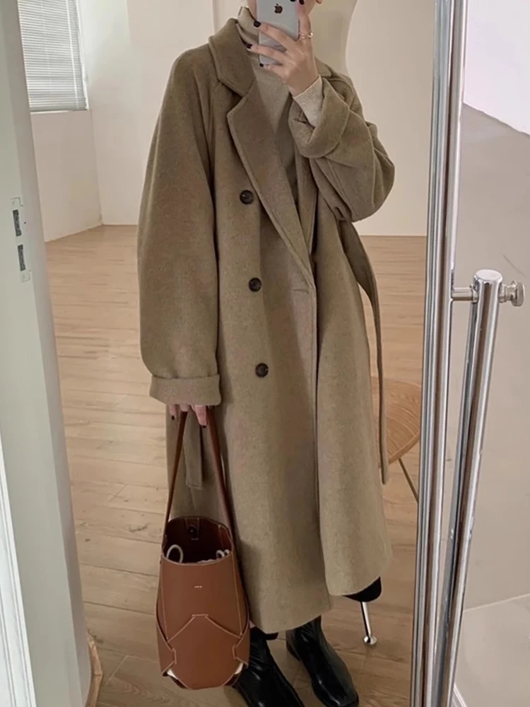 

Длинное шерстяное пальто женское с дизайном «Кактус», свободного кроя, премиум-класса, новое, в корейском стиле, двубортное, длинное