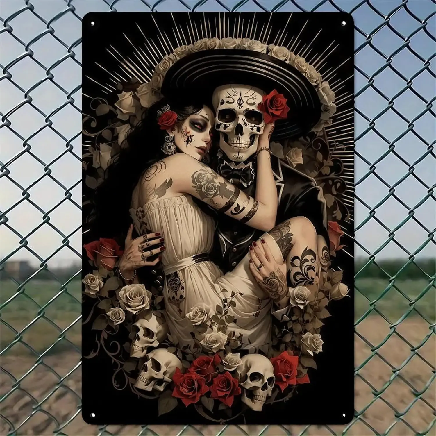 Sugar Skull Embraces Tattooed Woman Amidst Roses Rustic Aluminum Wall Art & Metal Tin Sign - in Vintage Indoor Outdoor Decor