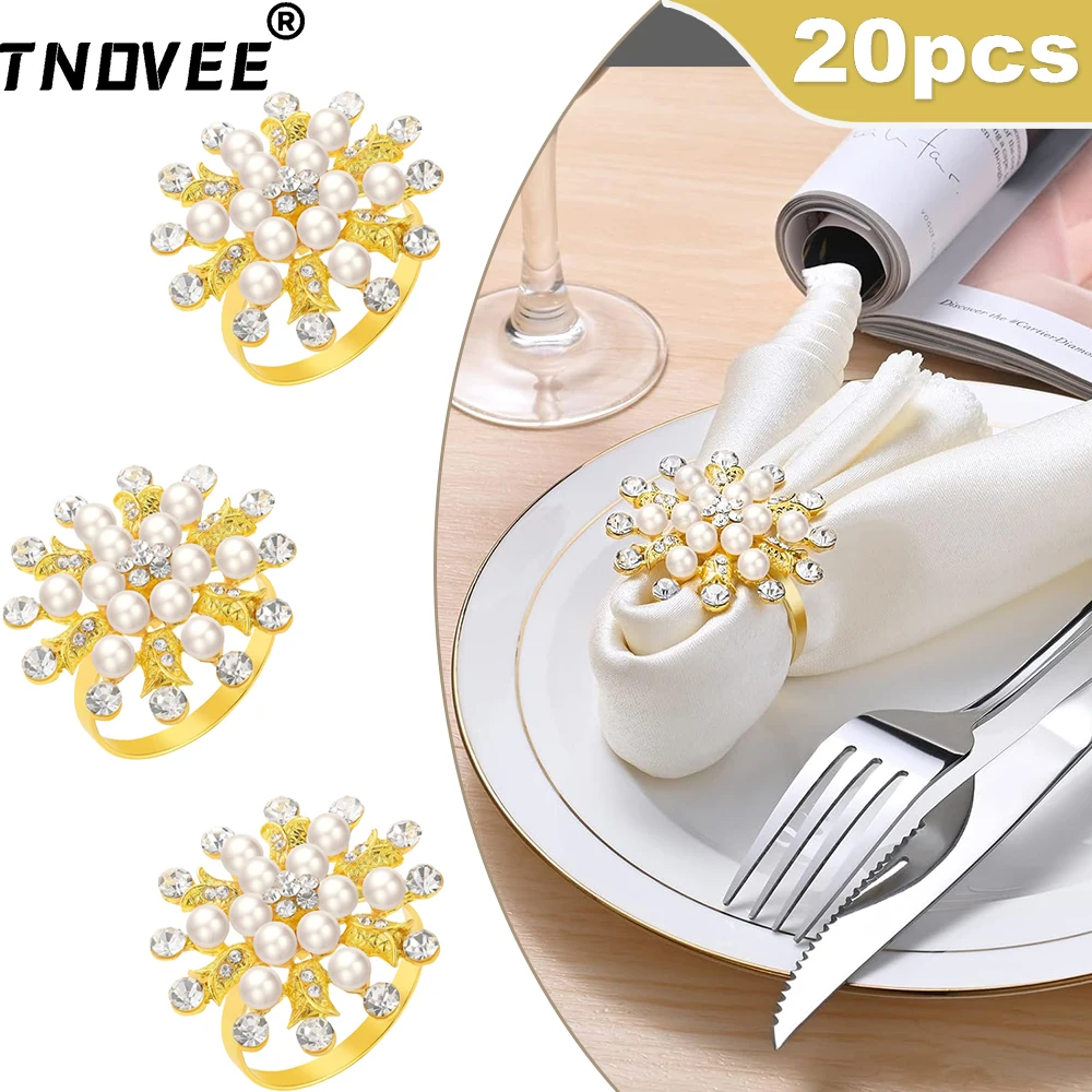 20Pcs Gold Pearl Flower Napkin Rings Rhinestone Rose Napkin Holder for Wedding Christmas Party Anniversary Dinner Table Decor