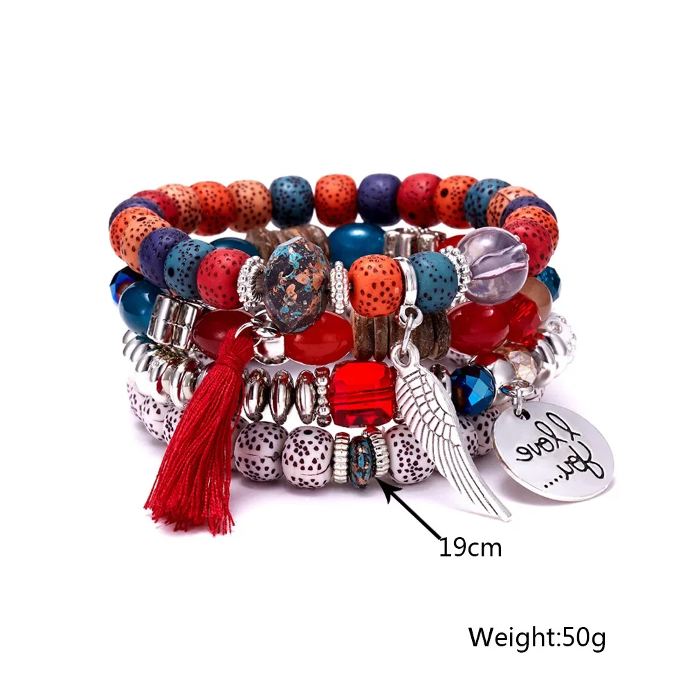 4Pcs/Set Fashion Crystal Stone Beads Chain Bracelet Set For Women I Love You Feather Tassel Charm Elastic Bangle Female Jewelry