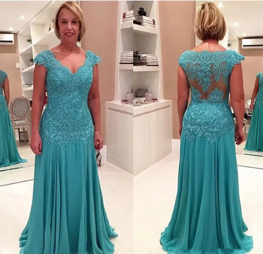 Turquoise Lace Mother of the Bride Dresses Chiffon Mermaid Mom Gowns V-Neck Cap Sleeve Applique Formal Evening Gowns Hot Selling