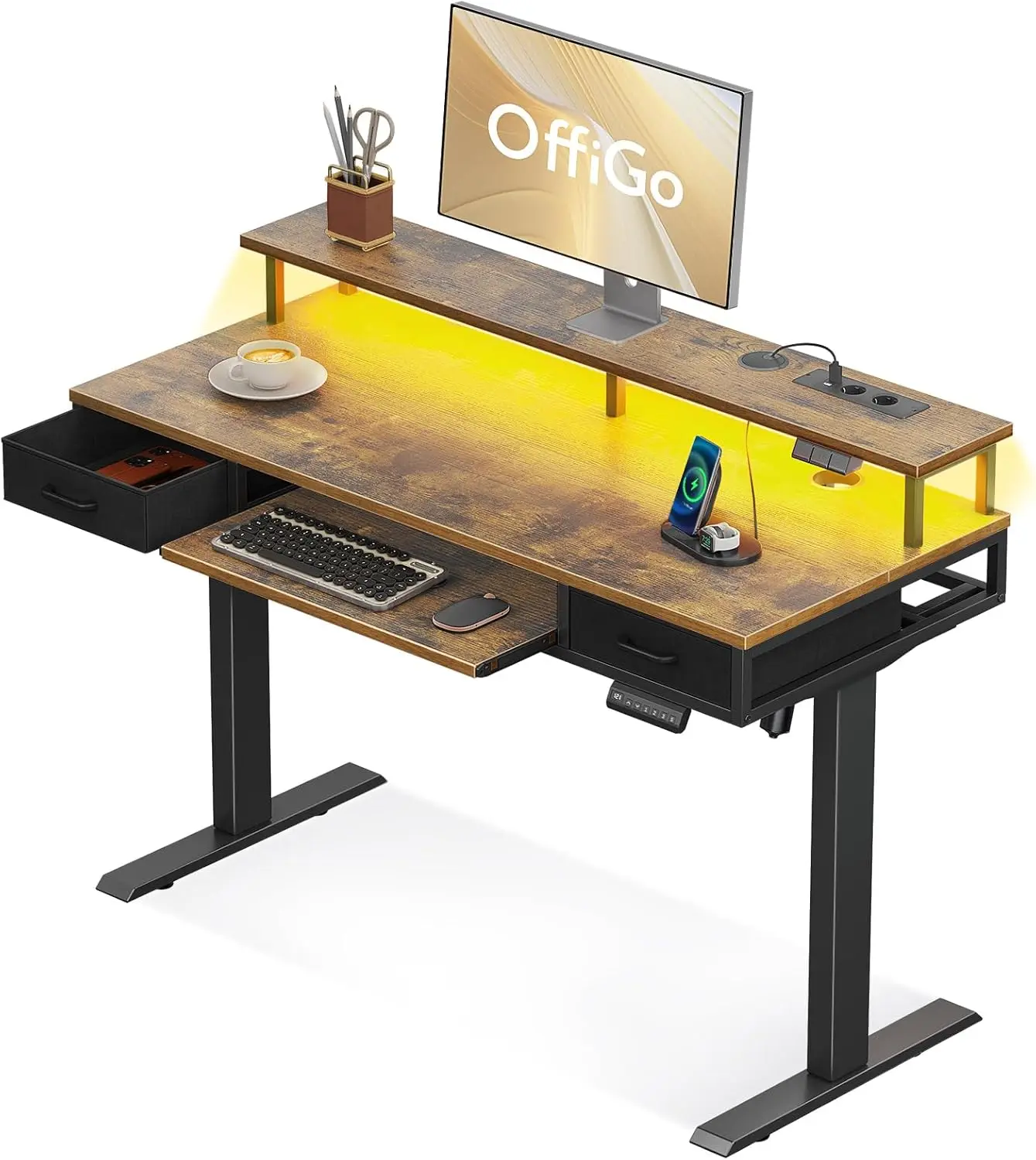 Mesa OFFIGO com altura ajustável e gavetas, mesa elétrica de 120 cm com prateleira para teclado, marrom
