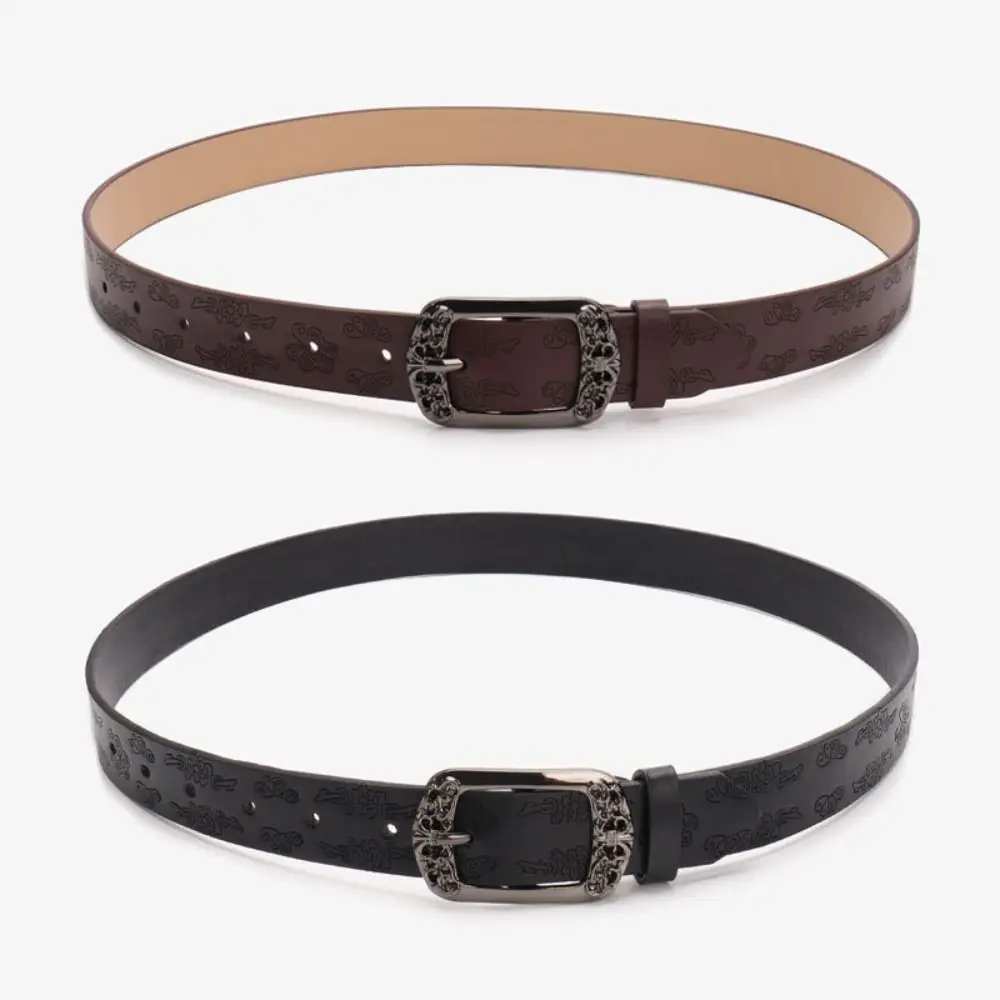 Alloy Pin Buckle Embossed PU Leather Belt Adjustable Faux Leather Decorative Waist Strap Unisex Design Antique Metal Buckle
