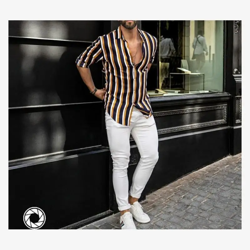 Casual listrado lapela masculina irt longo sve juventude faion especial ajuste largo impresso casual wear para homem