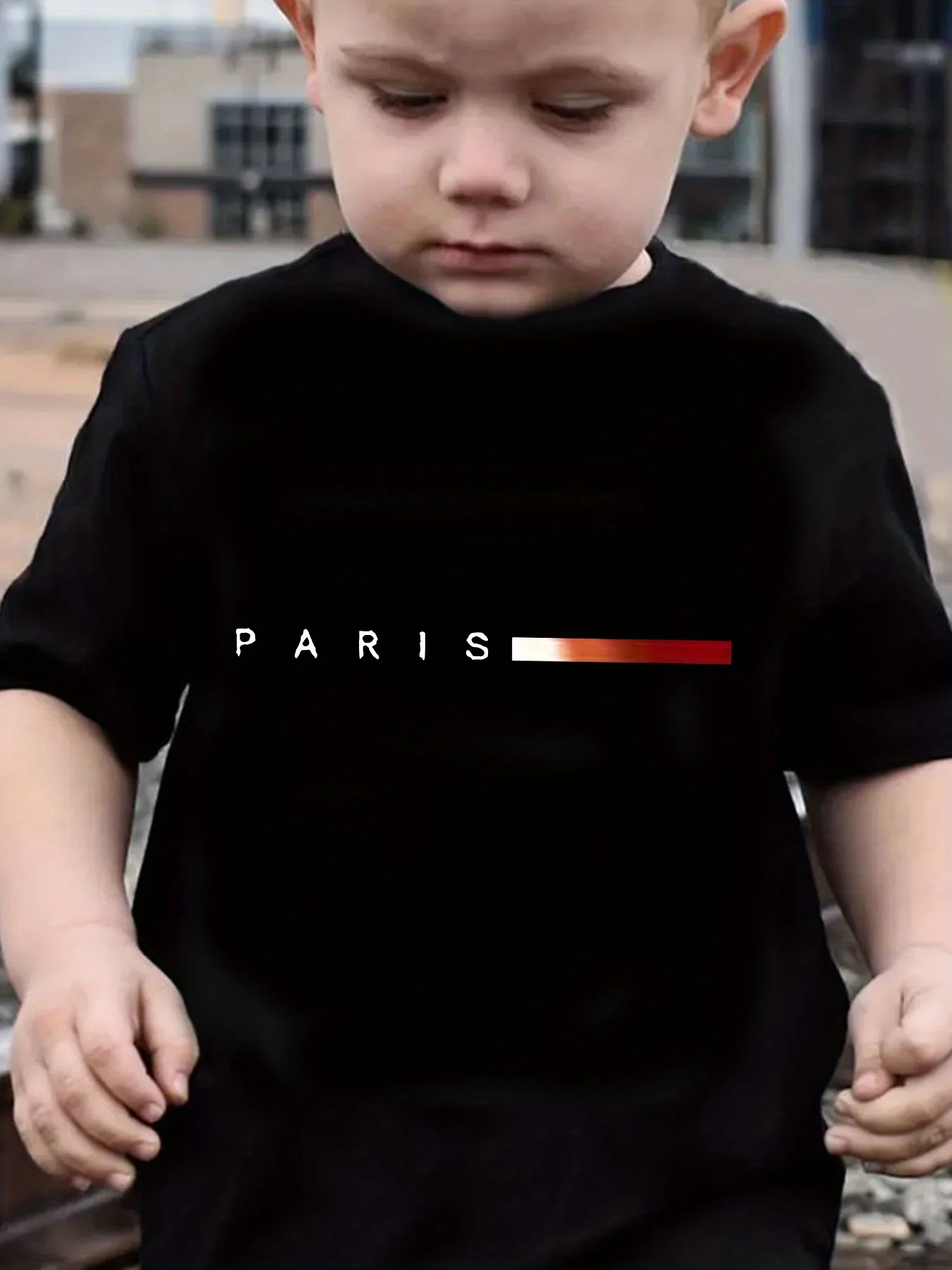 Baby Boys Spliced Gradient PARIS Letter‑Print Crew‑Neck Short‑Sleeve T‑Shirt For Daily Holiday