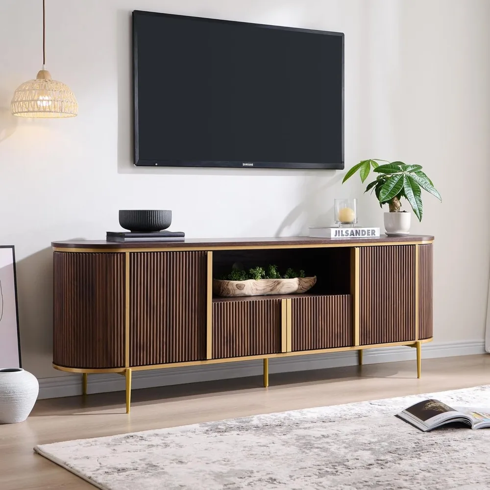

Luxury 70" Fluted TV Stand, Modern Chic Entertainment Center for TVs Up to 80 inches, TV Console with Faux Marble Top, Curved P