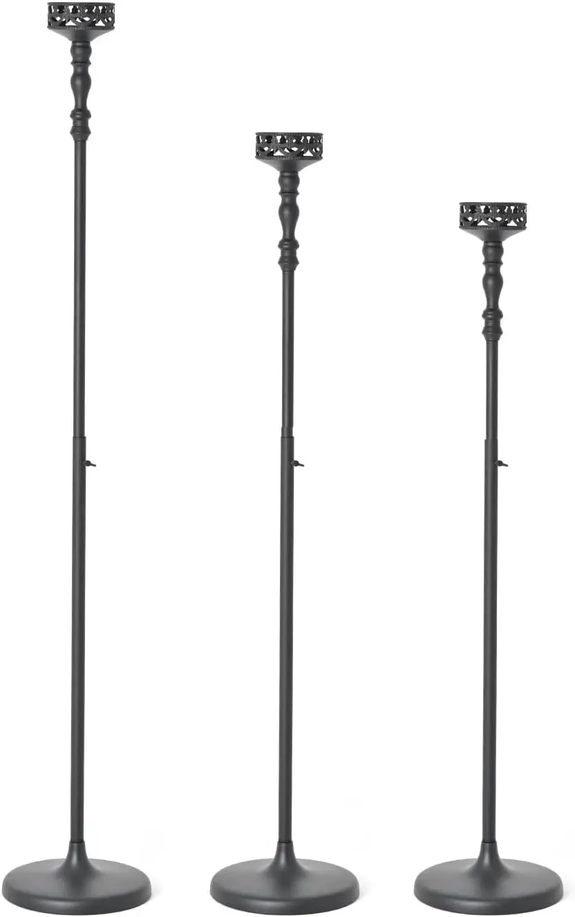 3Pcs Black Floor Candle Holders for Pillar Candles, Matte Metal Candlestick Set Adjustable Height for Wedding Centerpiece Table Fireplace Mantel Home Decor