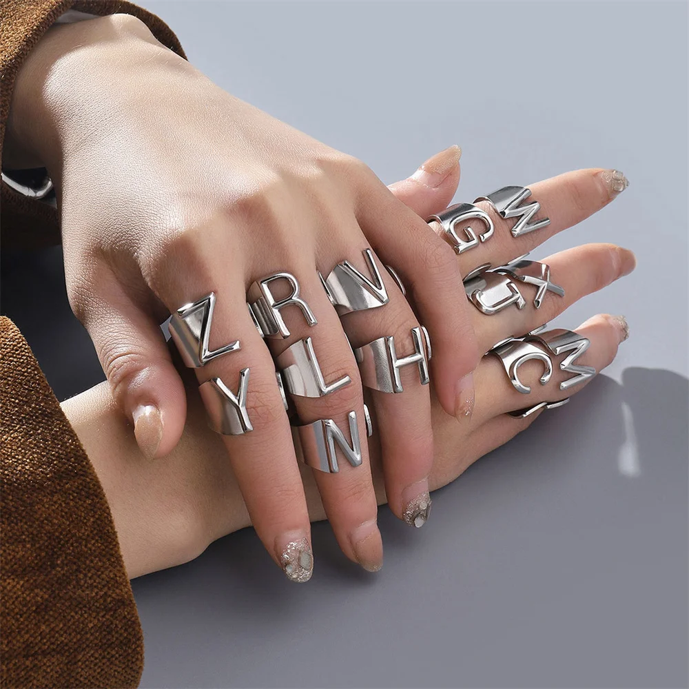 A-Z Letter Initial Name Ring Silver Color Stainless Steel Adjustable Opening 26 Alphabet Rings for Men Women Party Jewelry Gift