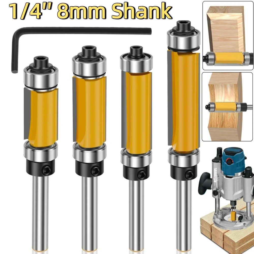

4 шт., 1/4 дюйма, 8 мм, хвостовик, заподлицо, фреза, лезвие, шаблон, шаблон, подшипник бит, 1/2 дюйма, прямая концевая фреза для деревообработки, резки