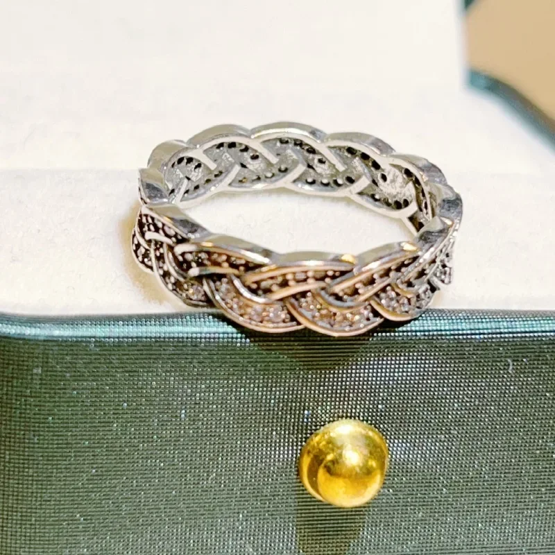 Retro 925 Sterling Silver Women Ring With 3A Zircon Fashion Hip Hop Rock Unisex Woven Twists Black Finger Ring Punk Gift