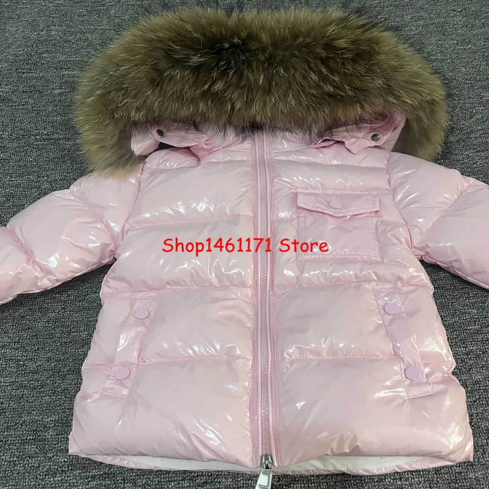 Children\'s Winter Down Jacket Shiny Luxury Natural Fur Collar Toddler Boys Hooded Coat Baby Girls Warm Snowsuit Kids Parkas