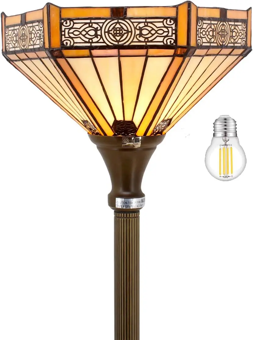 

Floor Lamp Yellow Hexagon Stained Glass Mission Light 12X12X66 Inches Standing Corner Torch