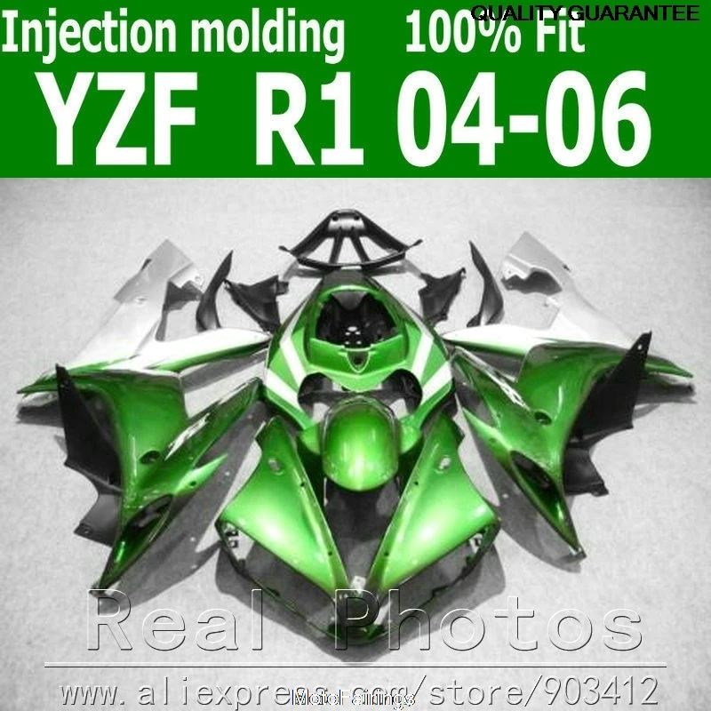 

Perfect Injection molding fairing kit for YAMAHA 2004 2005 2006 green silver black fairings set 04 05 06 YZF R1 AS47