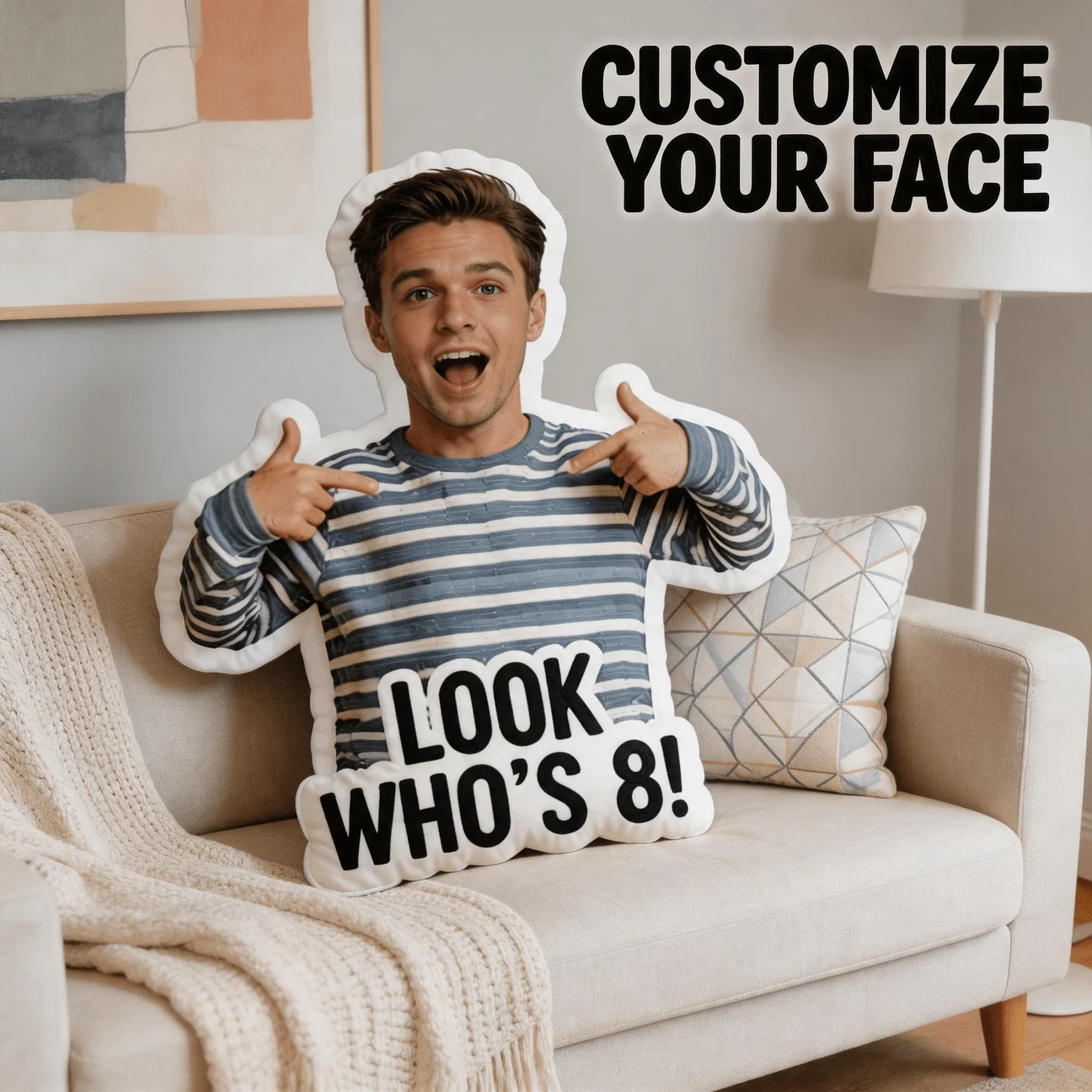 Custom Personalized Photo Face Pillow, Funny Expression Man in Striped Shirt Custom Shaped Decorative Cushion, 70CM Home Decor A