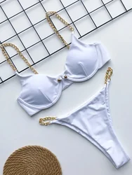 Sexy Metalen Kettingen Beugel Bikini Vrouwen Badpak Dames Badmode Twee Stukken Bikini Set Hoog Uitgesneden Badpak Zwemkleding