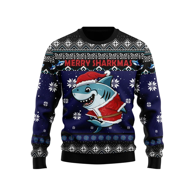 Mignon requin graphique 3D imprimé laid noël chandails hommes femmes vêtements mode col rond hommes sweat décontracté automne pulls