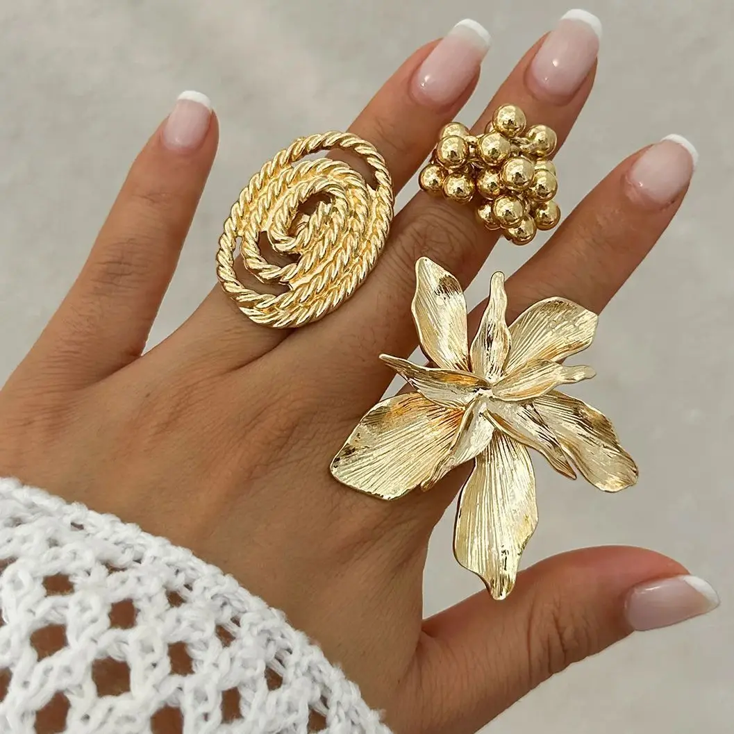 DIEZI Recommend Exaggerated Metal Flower Open Rings For Women Men Girls Fashion Gold Silver Color Beads Knuckle Joint Ring