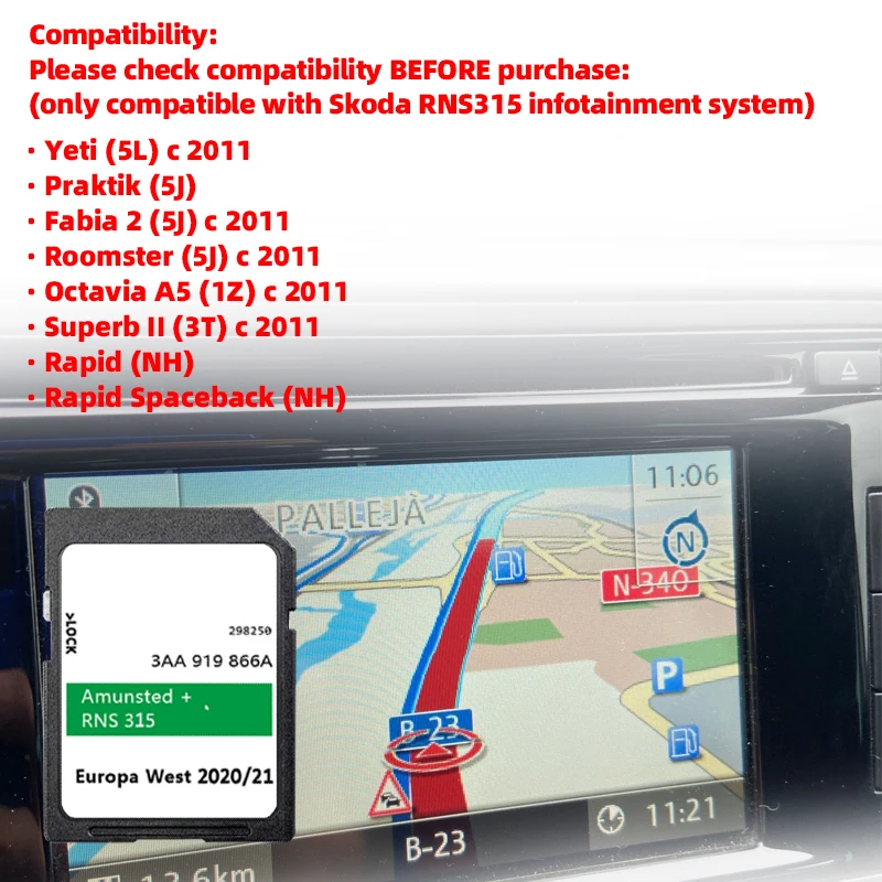 Voor Fabia Roomster Octavia Superb Autonavigatie met RNS 315 Amunsted + 2021 SD-kaart Europa UK Kaarten 3AA919866A GPS Snelheidsmeter